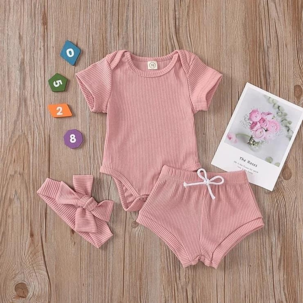New Pink 3 piece ribbed short and shirt set headband bow
